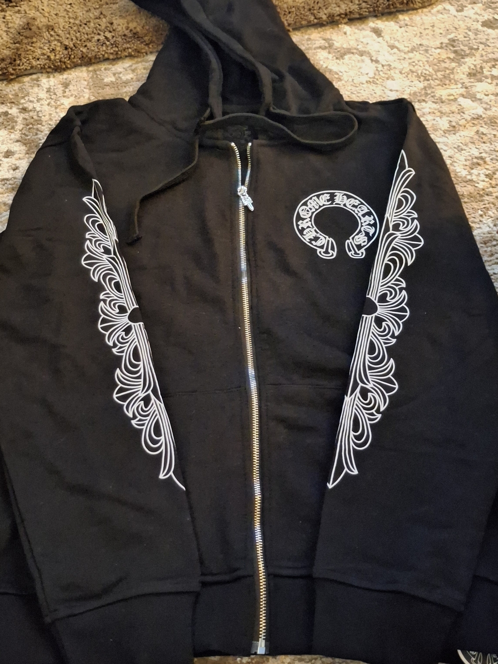 Chrome Hearts Black Zip Hoodie with White Wing Graphics